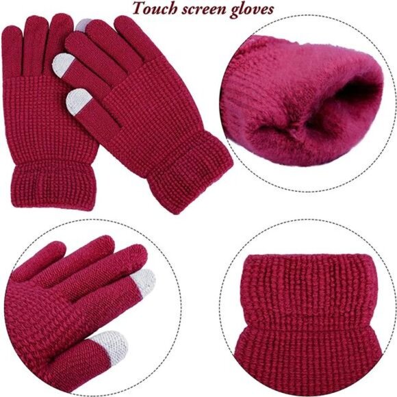 Women\'s Winter Warm Sets Knitted Fur Pompoms Beanie Hat, Wine Red main image 5